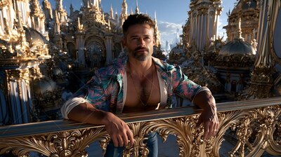 A bearded man in an unbuttoned floral shirt leans against a gold balcony in the sun