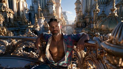 On a high balcony above gold towers, a bearded man relaxes in an open shirt