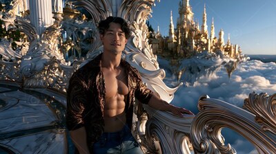 Muscular Asian man with an open patterned shirt by a white balcony railing