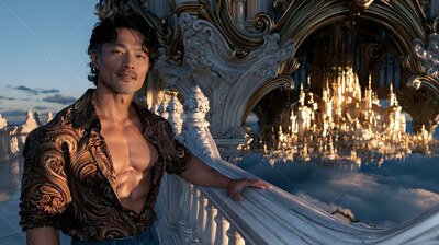 In an unbuttoned swirl-pattern shirt, a muscular man leans on a white stone rail above clouds at sunset