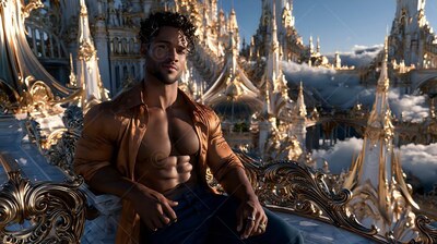 Sitting back on a balcony high over a white city, a muscular man rests in an open shirt