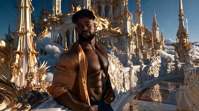 A muscular bearded man dressed in an open copper shirt stands on a white palace balcony overlooking the clouds