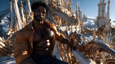 On a high white palace balcony, a bearded muscular man sits in an unbuttoned tan shirt