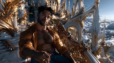 Lounging outside, a shirtless man rests by carved gold railings high in the clouds