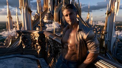 Bearded man with an open shirt leaning on a balcony above golden spires