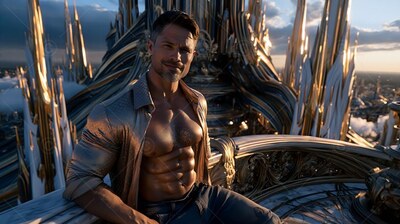 With an open collared shirt, a fit bearded man reclines on a high balcony overlooking gold spires