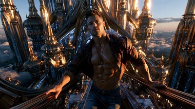 High above the clouds, a muscular man poses standing on a golden balcony in an unbuttoned shirt