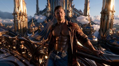 Leaning back on a high balcony, a muscular man poses before golden spires
