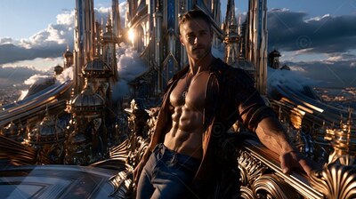 A muscular man in an open shirt leans on a gold balcony
