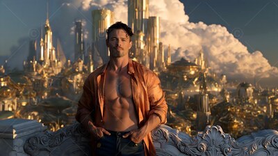 Open orange shirt on a fit man standing on a carved balcony overlooking a sunlit city
