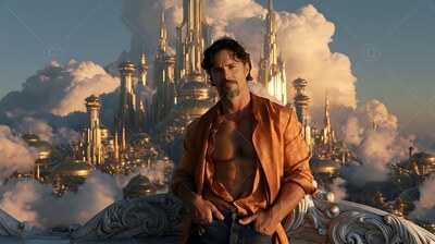 A bearded man is standing on a balcony in an open orange shirt before warm golden towers