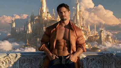 Standing on a balcony with a stone railing, a bare-chested man wearing an unbuttoned silk shirt faces forward