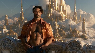 A man in an unbuttoned orange shirt stands on a balcony by a golden city