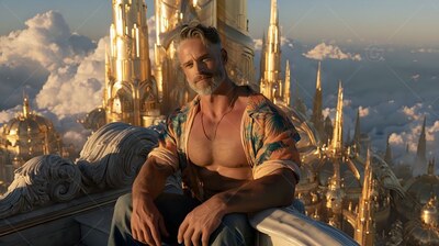 On a high balcony set above gold spires, a bearded man sits with his shirt open