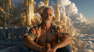 Sitting on a balcony with a stone railing, a gray-haired man rests in front of golden spires and clouds