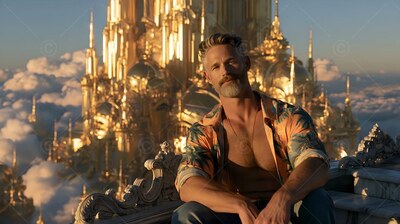 Bearded man dressed in an open shirt sitting before a golden palace