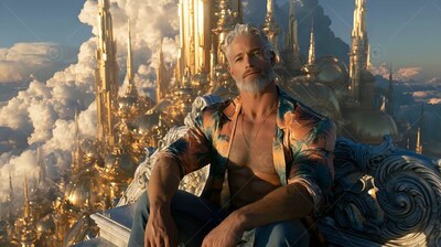 An open patterned shirt covers a muscular bearded man seated high above a golden city in the clouds