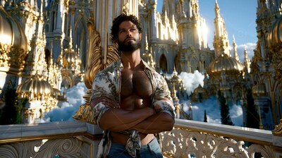 Arms crossed, a bearded man leans on a balcony before golden spires