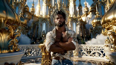 A muscular bearded man stands on a balcony with crossed arms before bright gold domes