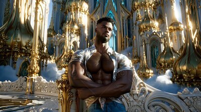 On a white palace balcony, a muscular man standing with his arms crossed