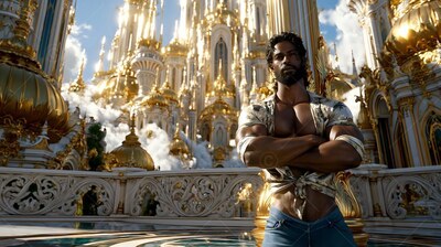 Standing with crossed arms, a bearded man poses before golden city towers