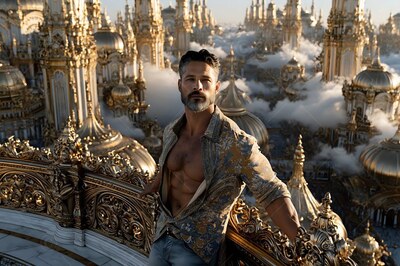 Bearded man with an open shirt on a gold balcony set above clouds