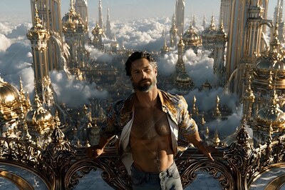 Wearing an unbuttoned patterned shirt, a bearded man leans on a high balcony high over gold towers and clouds