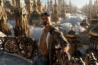 A bearded man leans on a balcony rail above the clouds in warm golden light