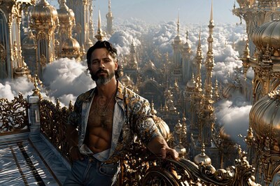 Leaning back on a stone balcony, a bearded man looks out over gold spires