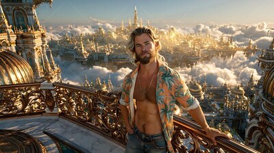 Standing on a balcony, an open-shirted man smiles above a cloud-filled city