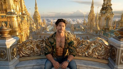 A dark patterned shirt stays open on a smiling man sitting on a golden palace roof