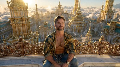 A bearded man sits with his shirt open on a balcony in warm golden sunlight