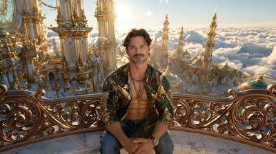 Sitting on a balcony, a man with an unbuttoned shirt looks out above cloud level
