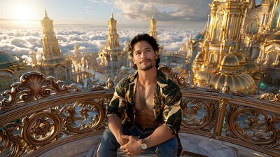 A bearded man sits with his shirt open on a balcony above clouds and gold spires