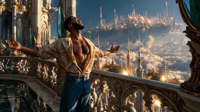 On a high balcony, a bearded man opens his arms in an unbuttoned shirt