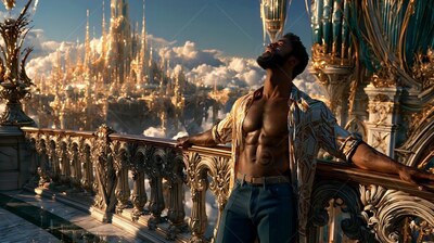 Leaning back on a balcony, a muscular bearded man looks up by a golden city