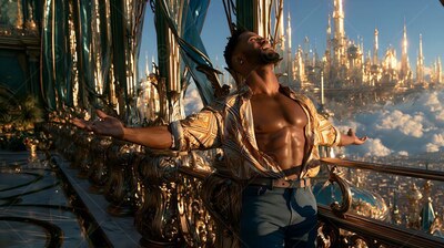 A bearded man stands with an open shirt on a balcony over a gold city
