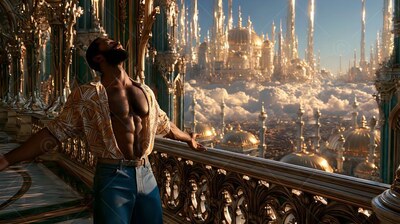 An unbuttoned patterned shirt opens on a muscular man leaning back over a gold city balcony