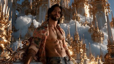A bearded man leans with his shirt open against gold spires in warm sunset light