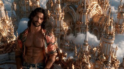 A bare-chested bearded man dressed in an open patterned shirt stands before a golden palace in clouds