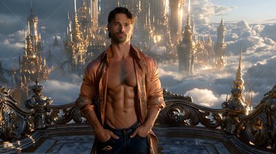 Standing on a balcony, a muscular man poses in an open silk shirt above cloud spires