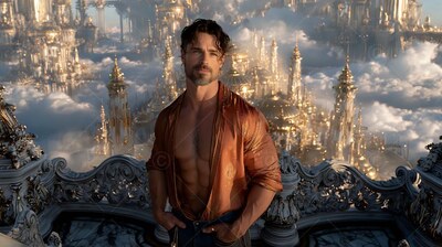 Bearded man with an open shirt stands on a balcony high over clouds