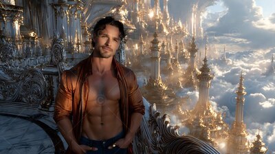 Wearing an open copper shirt, a muscular man stands on a balcony above clouds and gold spires