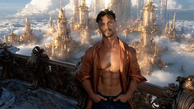 A bearded man stands on a balcony with his shirt open in warm golden sunlight