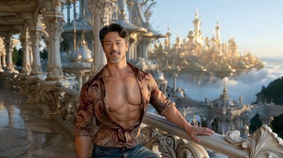 Leaning on a carved balcony, a muscular man in an unbuttoned shirt faces a golden city