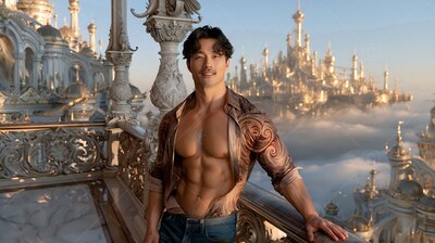 A muscular man in an open patterned shirt leans on a high stone balcony
