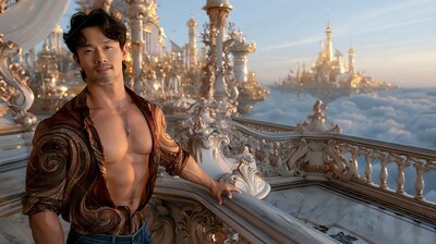 On a marble balcony high above the clouds, a muscular man leans back in an open brown shirt
