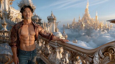 Standing on a balcony, a muscular man with an open shirt smiles before a gold palace