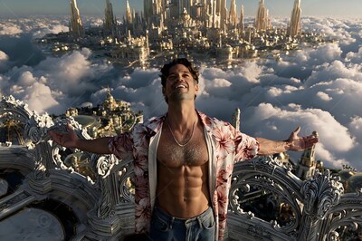 An unbuttoned floral shirt on a smiling man spreading his arms above a city in the clouds
