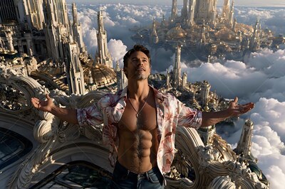 A bearded man opens his arms from a balcony high above white clouds in soft light